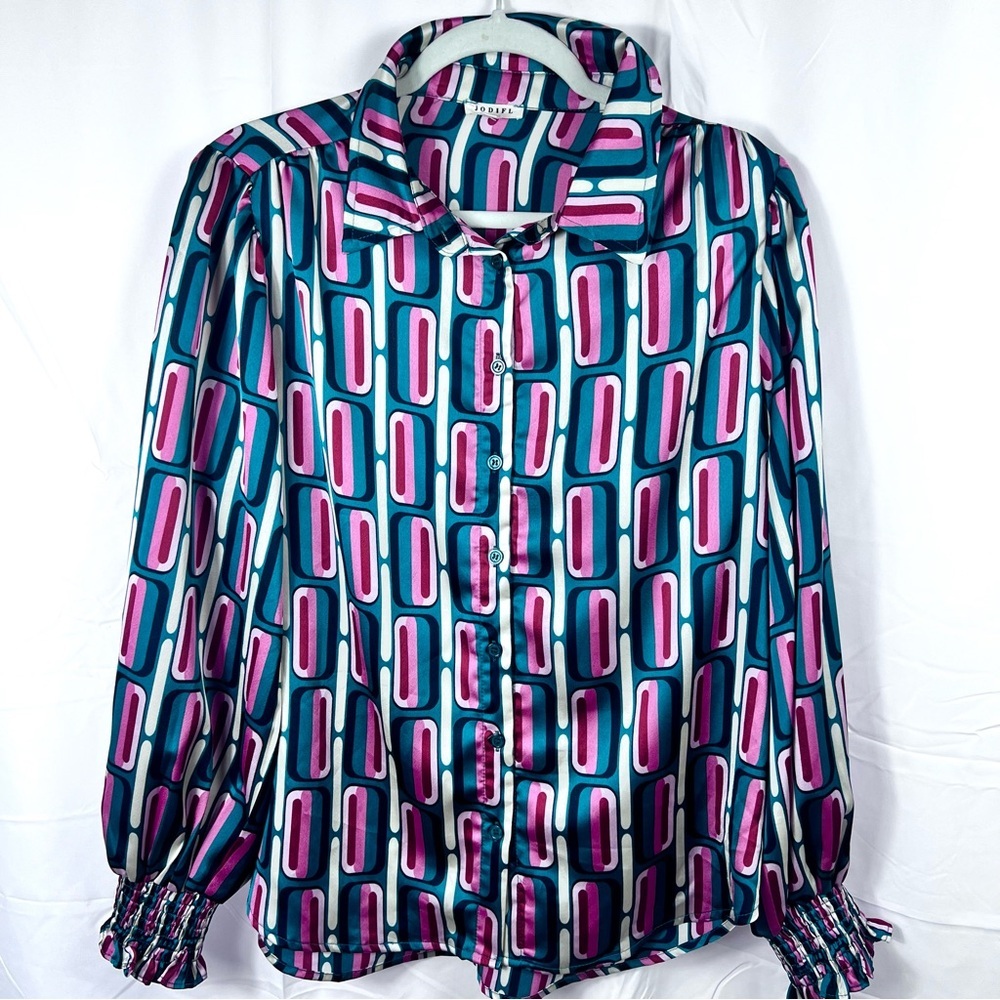Jodifl Retro Geometric Print Blouse Satin  M Long Sleeve Button Down Career Wear - Picture 2 of 9